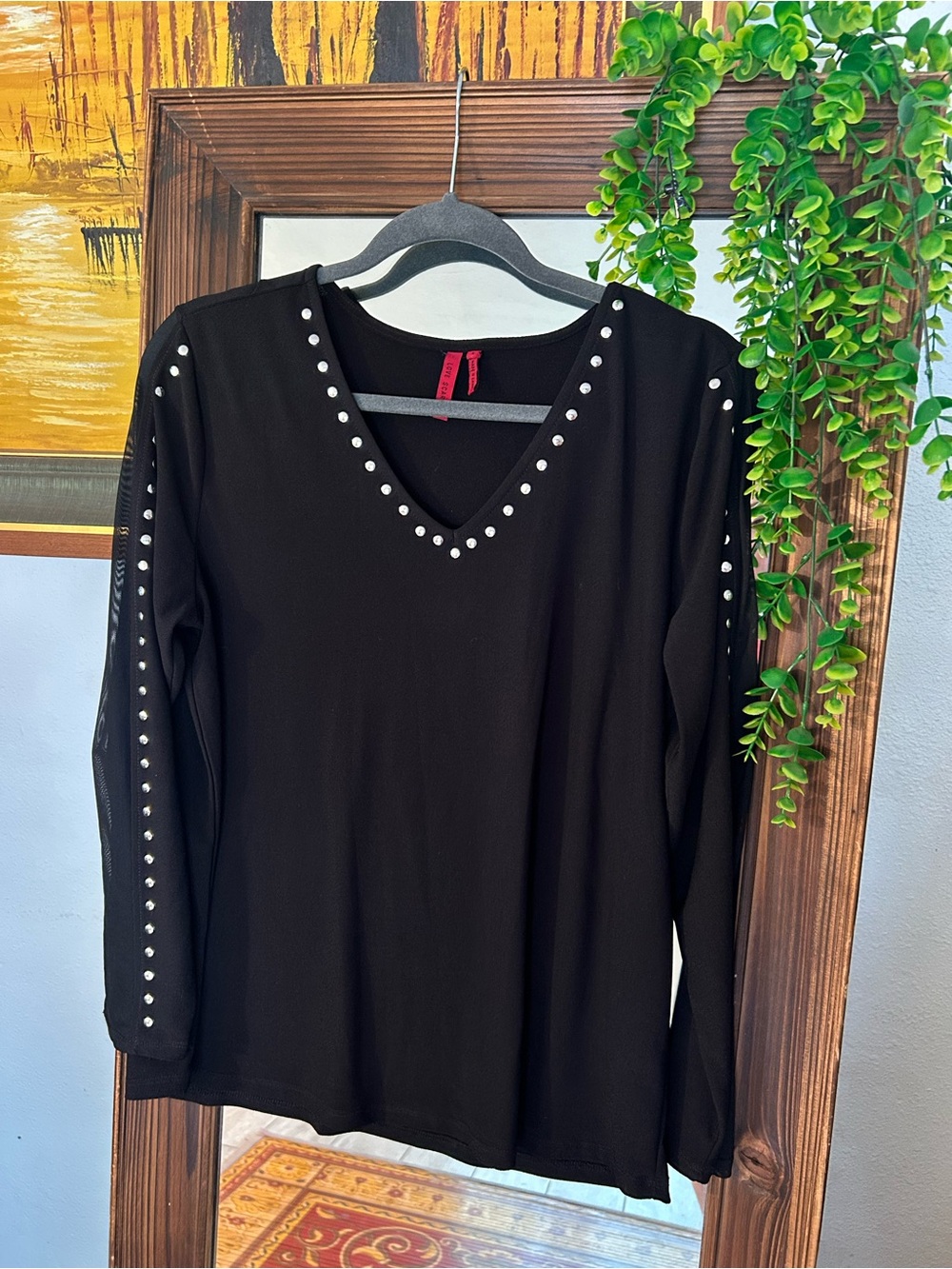 Scarlett Black V-Neck Long Sleeve Top with Silver Stud Accents